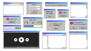 Old interface windows. Retro error message, internet browser and file manager classic software design. Vector old system elements