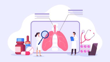 Concept with doctors check diagnosis. Female and male medical workers checking lungs with magnifying glass, prescribing pills