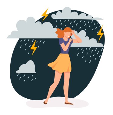 Depressed woman. Sad lonely girl walking under stormy rain with clouds and lightning. Female character feeling anxiety