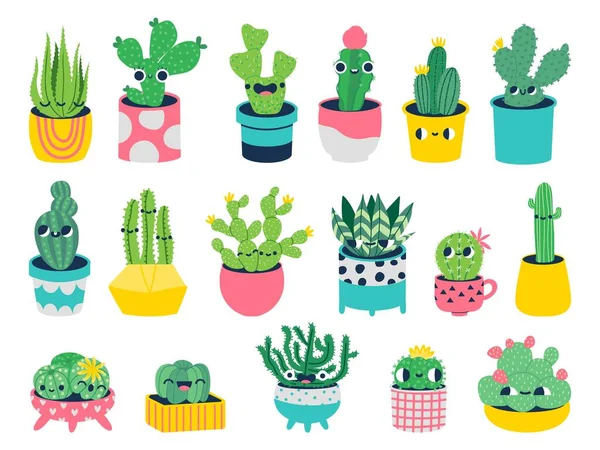 Cactus avec des visages. Personnages de dessins animés mignons dans des pots avec des visages drôles, des plantes de mascotte souriantes pour enfants illustration. Ensemble vectoriel — Image vectorielle