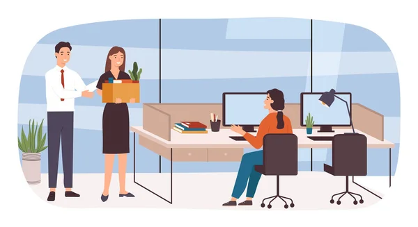 Office hire new employee. Manager introducing female worker to colleague. Woman employee starting working career at company — Archivo Imágenes Vectoriales