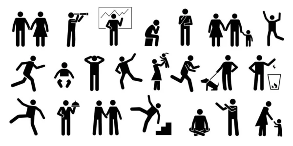People black pictograms. Stickman silhouettes of men and women relaxed postures, gestures and actions. Vector human interaction simple icons — Wektor stockowy