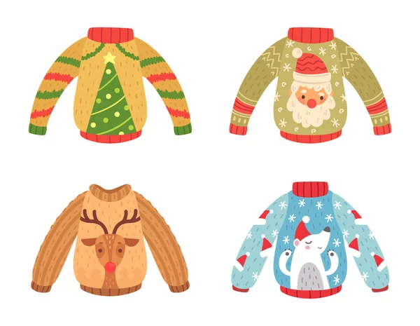 Cartoon christmas party jumpers decorated fir tree, Santa Claus, reindeer and bear design. Cute warm sweaters for winter holiday — Vector de stock