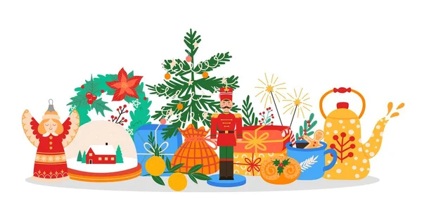 Christmas concept. Celebrating winter season holiday with decorated fir tree, gift boxes, wreath, tea and toys. Traditional xmas attributes — стоковый вектор