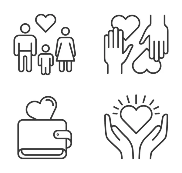 Charity and donation icons. Hands holding and giving heart. Volunteer community sharing money and love. Family adopting child — Stockvector
