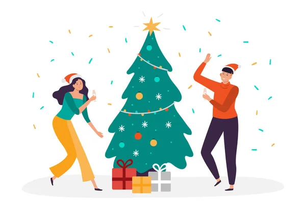 Noel insanları, köknar ağacının yanında kış tatilini kutluyor. Kadın ve erkek karakterler Noel Baba şapkası takıyor. — Stok Vektör