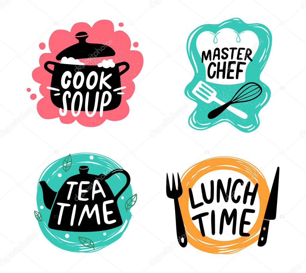 Cooking food lettering. Kitchen utensils with text for culinary master class, cafe or restaurant emblems. Saucepan with cooked soup, chef cap with whisk and spatula isolated on white