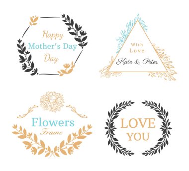 El yapımı davetiye etiketi. Düğün davetiyesi için yaprakları ve çiçekleri olan zarif geometrik çerçeveler.