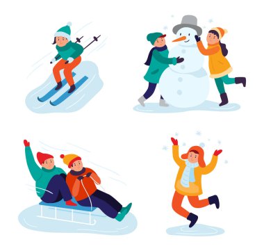 Winter kids activities. Cheerful children skiing on snowy hills, making snowman with hat, riding sledge