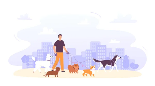 Dog sitter job outdoor. Male character with group of dogs on leash of different breeds in city. Pet care service — Stock Vector