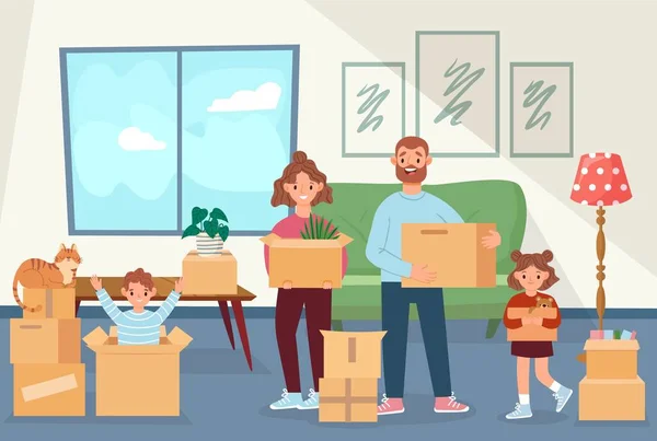 Family move to new house. Happy parent and children holding boxes with household stuff. Mother, father, kids and cat relocating — Archivo Imágenes Vectoriales