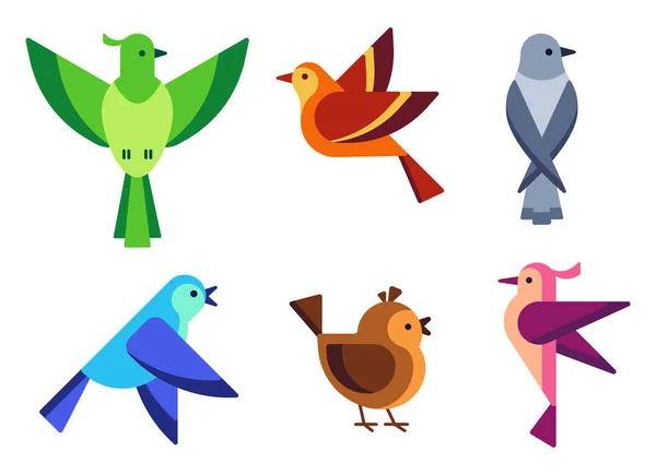 Vlakke kleurrijke vogels met vleugels. Heldere vliegende personages met veren in het wild. Kleine zangduiven en mussen — Stockvector