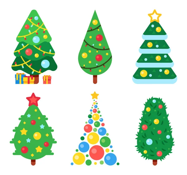 Renkli toplar, çelenkler ve yıldızlarla süslenmiş düz kağıt Noel ağacı. Kış bayramı farklı şekillerin sembolü — Stok Vektör