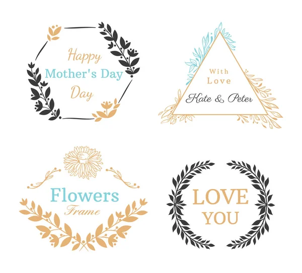 El yapımı davetiye etiketi. Düğün davetiyesi için yaprakları ve çiçekleri olan zarif geometrik çerçeveler.