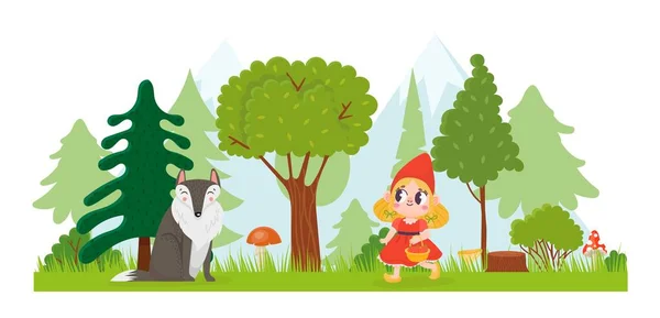 Little Red Riding Hood. Girl walking with basket in forest. Wolf animal sitting among trees. Fairytale with happy child — Vector de stock