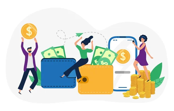Money transfers. People sitting on wallet with dollar banknotes, woman standing on coin piles. Cartoon characters sending money — Stockvector