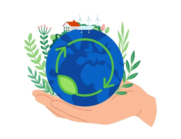 Guarda el concepto de la tierra. Planeta de mano, protegiendo el medio ambiente. Personas que cuidan de la naturaleza, utilizando energías alternativas — Archivo Imágenes Vectoriales