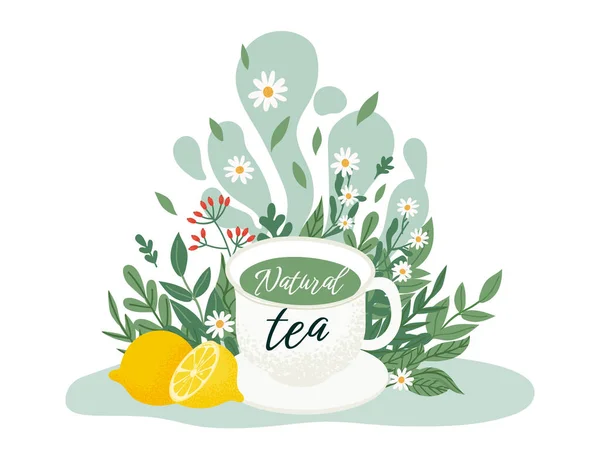Tea drink concept. White cup with organic tea. Cartoon mug with herbs and chamomile and lemon. Breakfast time — Stock Vector