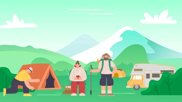 Tourism on nature. Friends camping. Man setting up tent, woman sitting on chair with cup of hot tea. Tourist having outdoor active rest — Stock vektor