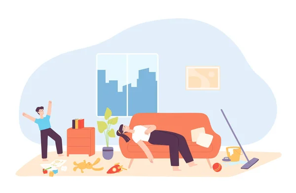 Unhappy women tired from housework. Tired mother lying on sofa in messy room. Cheerful child playing with toys on floor — Archivo Imágenes Vectoriales