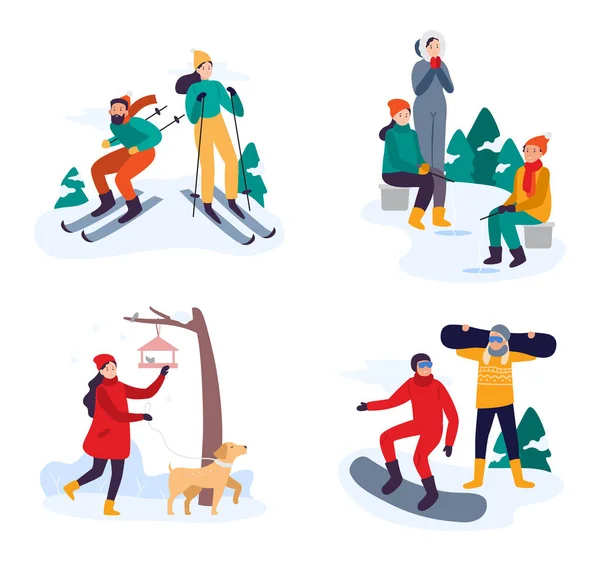 Winter active recreation. Couple skiing, snowboarding. Friends fishing on frozen water. Woman walking with dog — Stock vektor