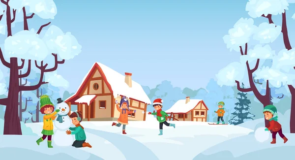 Divertimento invernale per bambini. Bambini che giocano palle di neve, facendo pupazzo di neve con sciarpa e cappello. Ragazzo sciare su colline innevate — Vettoriale Stock