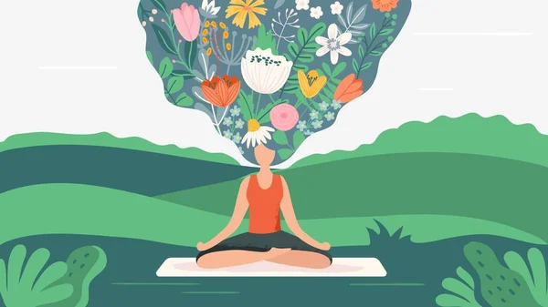 Yoga oefening op de natuur. Vrouw zittend in lotuspositie mediterend met bloemen in haar. Cartoon vrouwelijk karakter — Stockvector