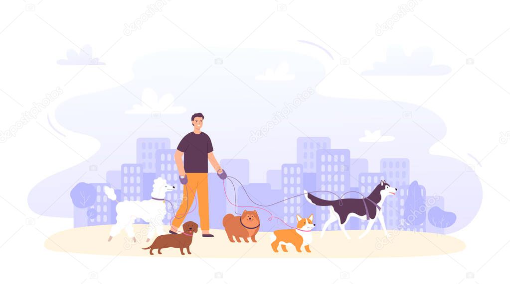 Dog sitter job outdoor. Male character with group of dogs on leash of different breeds in city. Pet care service