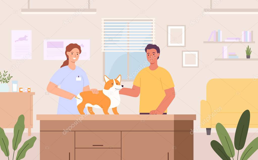 Pet veterinary clinic. Veterinarian doctor making an injection to dog. Owner taking pet to vet clinic