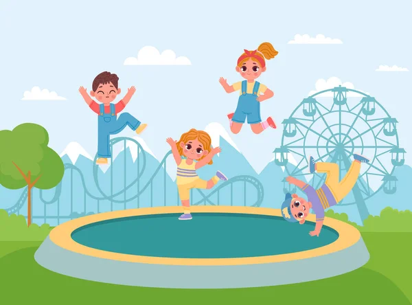 Niños felices en trampolín, saltando y disfrutando — Vector de stock