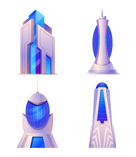 Dibujos animados edificios futuristas de la ciudad de conjunto, arquitectura moderna — Vector de stock