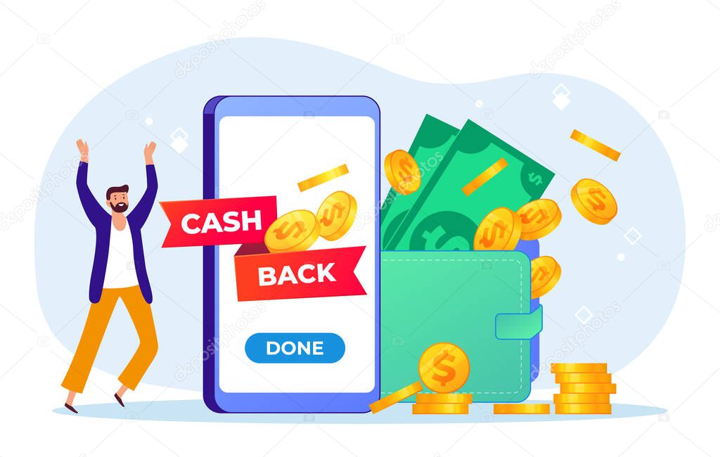 Cash back concept, happy man get money to wallet