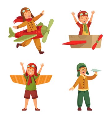 Karton kutudan çıkan pilot kostümlü çocuklar.