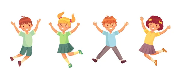 Πηδώντας παιδιά απολαμβάνοντας και να αισθάνονται ευτυχισμένοι φοβερό — Διανυσματικό Αρχείο