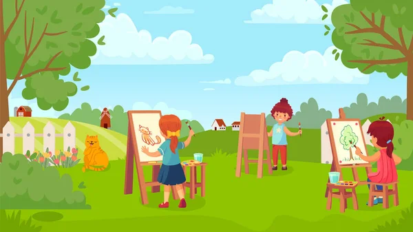 Çocuklar bahçede resim çiziyor, resim dersi alıyor. — Stok Vektör