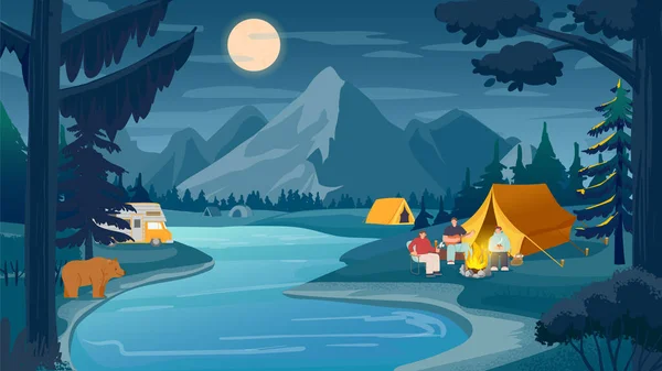 Mountain night camping, nature landscape near river — Stock Vector