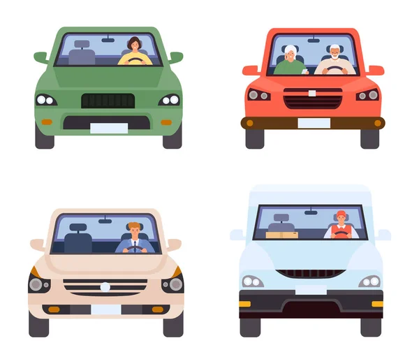 Personas en la vista frontal de los coches, recogida de vehículos — Vector de stock