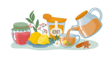 Çay içeceği konsepti, limon ve bal, bir bardak reçel.