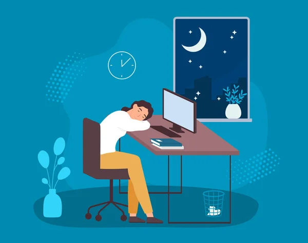Ο άνθρωπος εργάζεται αργά τη νύχτα, εργάζεται σκληρά στο χώρο εργασίας — Διανυσματικό Αρχείο