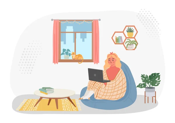 Работа из дома, женщина в кресле с ноутбуком — стоковый вектор