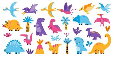 Bebek dinozor. Şirin sevimli küçük ejderha karakteri, çocuksu Jurassic maskot klipsi koleksiyonu, komik çocuk oyuncak ejderha. Vektör izole edildi. Palmiye ağaçları arasında dost canlısı fantaziler