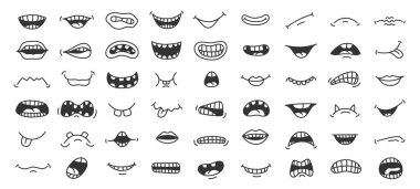Karikatür ağızlı. Komik çizgi film pop sanatının gülümsemesi öfke ve dişleri ve dili olan korkunç yüz ifadesi. Sevimli eller izole edilmiş ağızlar çiziyor. Ayrı karakterler duyguları mutluluk ve üzüntü olarak görür.