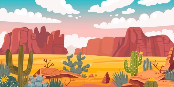 Sivatagi Táj Rajzfilm Homokos Horizont Sziklák Kaktusz Homokos Völgyben Vektor — Stock Vector