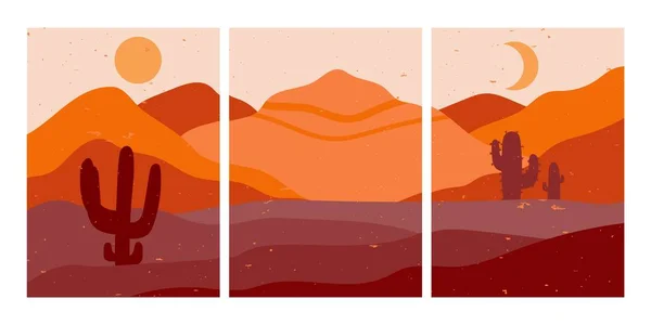 Плакати Пустелі Абстрактний Триптих Силіконами Піщаної Дюни Пустельним Кактусом Камінням — стоковий вектор