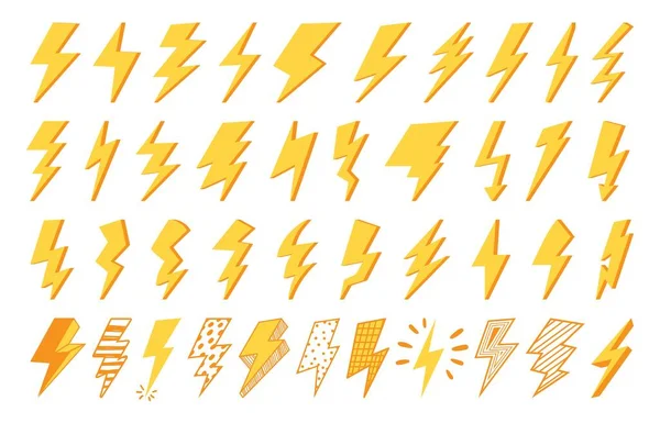 フラッシュ アイコン 落雷クリッパーシンボル 電力や電気のロゴ 自然雷鳴黄色の形 ベクトル絶縁雷光ピクトグラムセット バッテリーサインのための異なるジグザグ — ストックベクタ