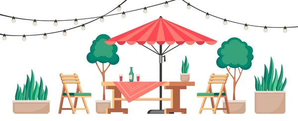 Restaurant Patio Summer Outdoor Cafe Terrace Wooden Table Chairs Cozy — Stock Vector