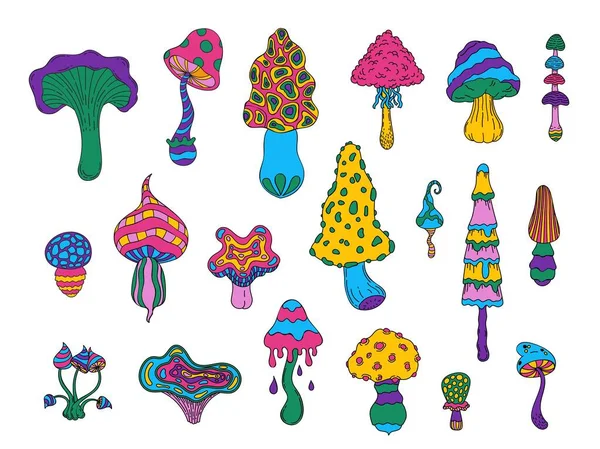 Cogumelos Cor Psicadélica Doodle Toadstool Amanita Chanterelle Fantasia Clipe Arte —  Vetores de Stock