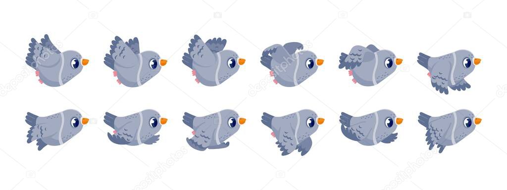 Pigeon flight animation. Game fly frame sequence sprite asset with cartoon flying bird character winging in the sky. Vector dove flight cycle. Feathered funny pets in motion or movement