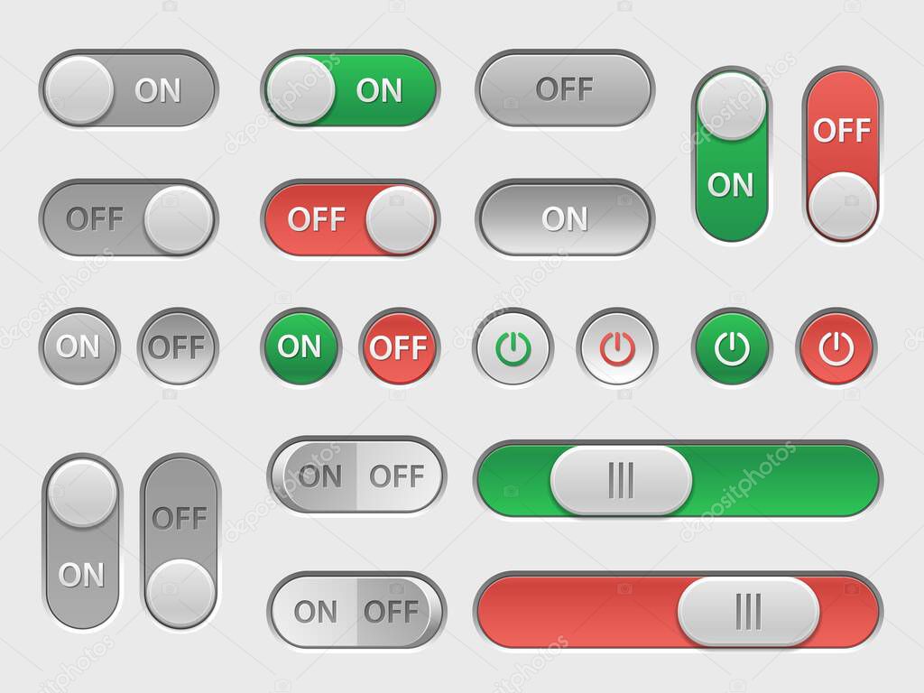On off switch. User interface toggles and sliders touch elements, web site and phone application round buttons. Vector control panel and settings UI set. Modern device template elements