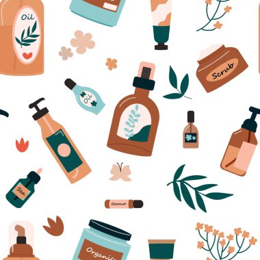 Organik kozmetik şişe desenleri. Cilt bakımı ve makyaj malzemesi ve losyon kremi şampuanı ile kusursuz bir iz. Vektör dokusu. Hijyen, güzellik ve cilt bakım ürünleri